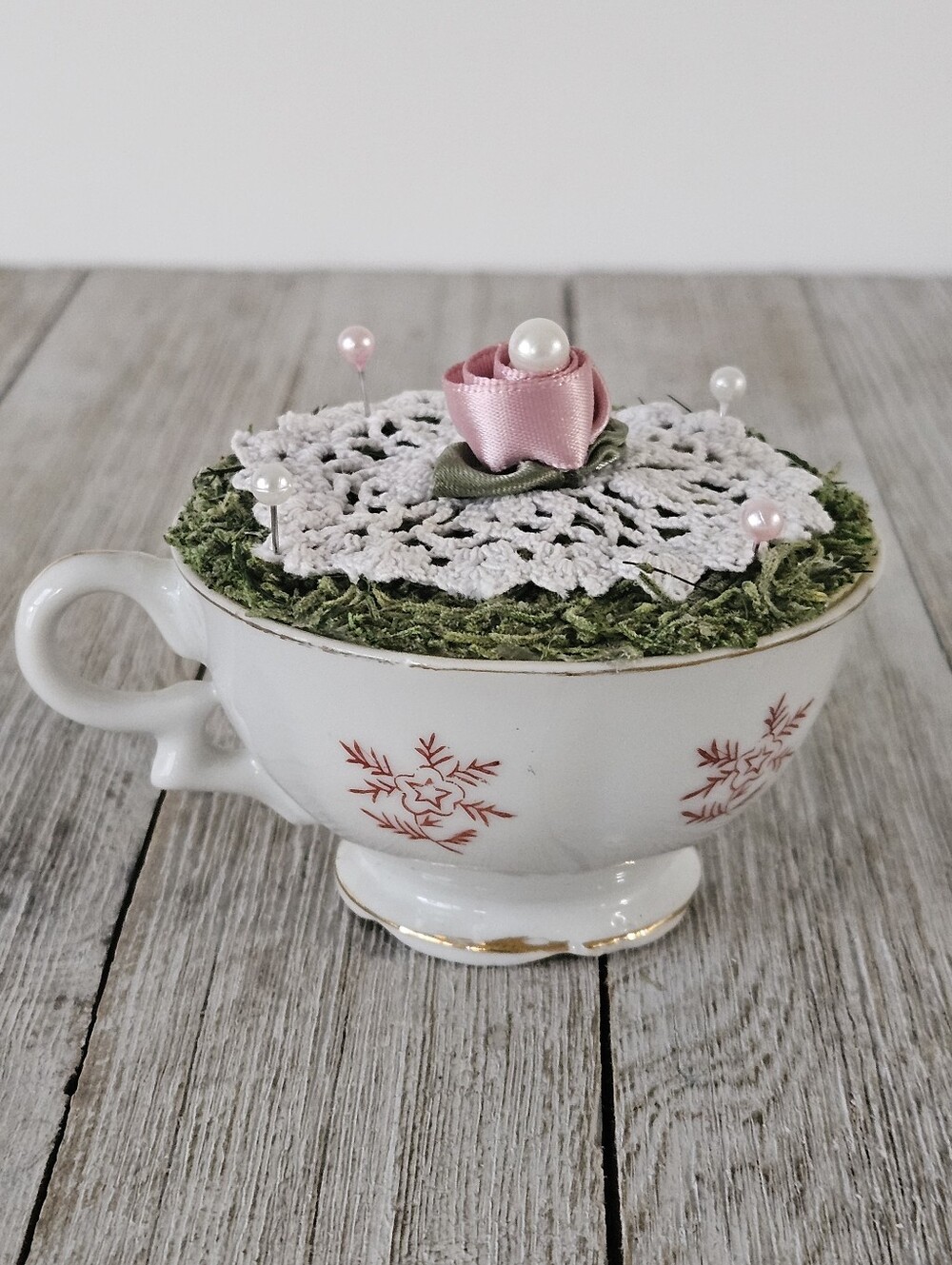 Vintage Royal Sealy Floral China Teacup Pincushion with Doily and Rose Pattern